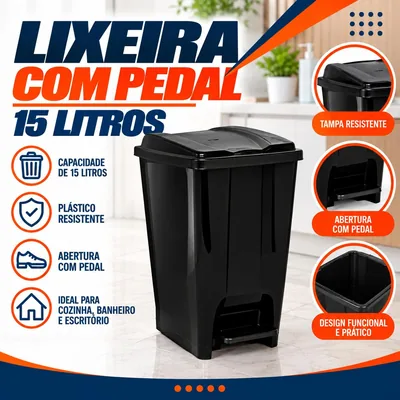 Lixeira Pedal 15 Lts Preta Jaguar (3071)