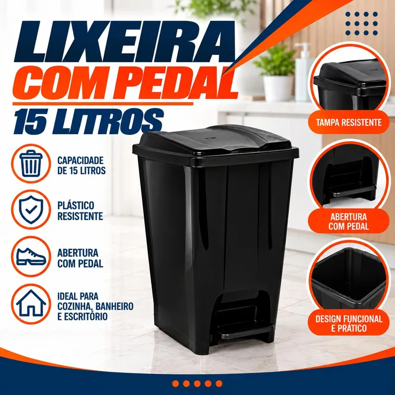 Lixeira Pedal 15 Lts Preta Jaguar (3071)