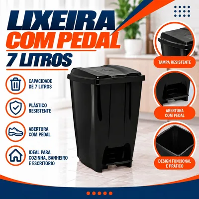 Lixeira Pedal 7 Lts Preta Jaguar (3070)