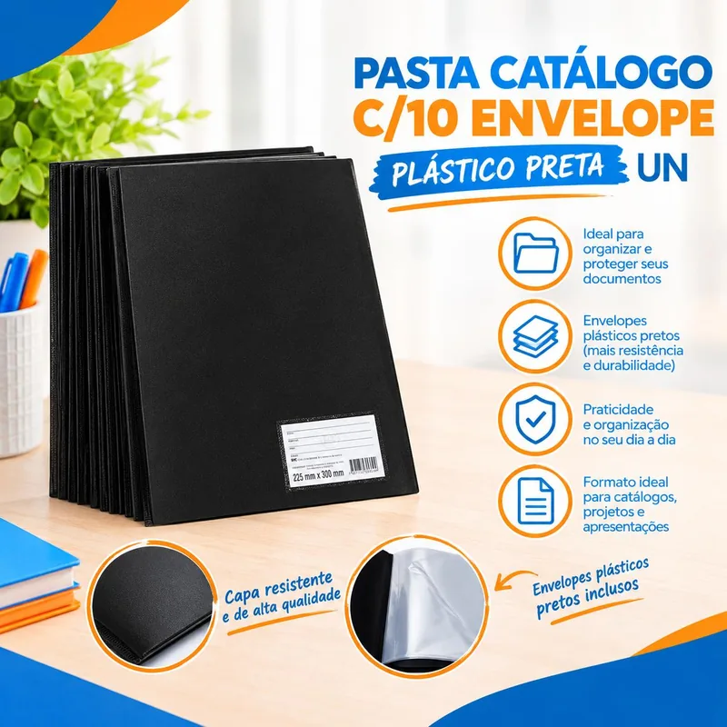 Pasta Catalago C/10 Envelope Plastico Preta Un