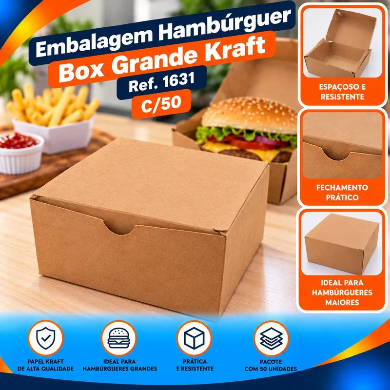 Embalagem Hamburguer Box Grande Kraft (1631) C/50
